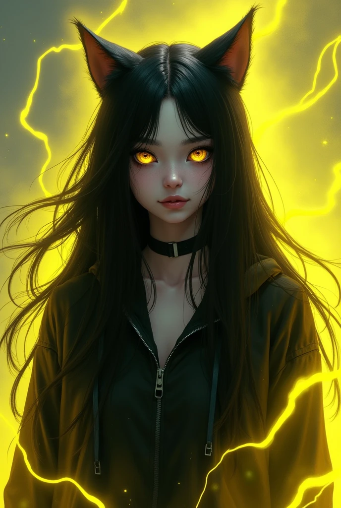 Androgynous girl with very long black hair, golden colored eyes, very manic smile, White skin. He emanates a fluorescent yellow power around his body and wears black clothing with a hoodie with cat ears..