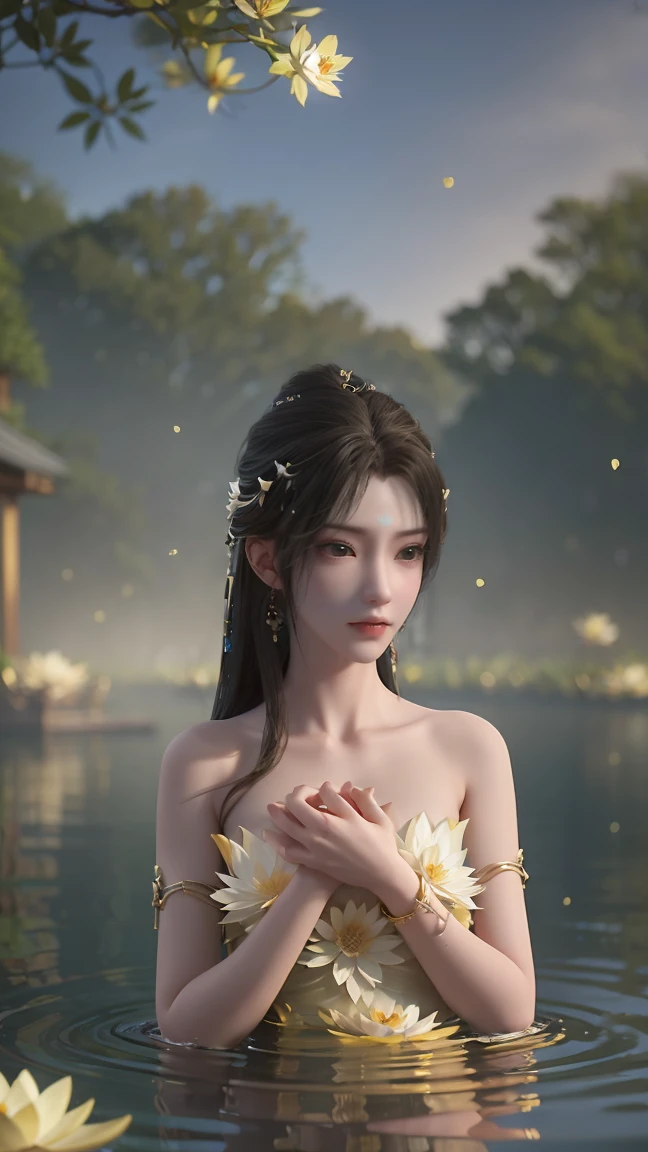 a beautiful young woman bathing in a serene lake, water up to her shoulders, her hands covering her chest, golden glowing lotus flowers floating on the surface, soft lighting, intimate and sensual mood, highly detailed, cinematic composition, realistic, photorealistic