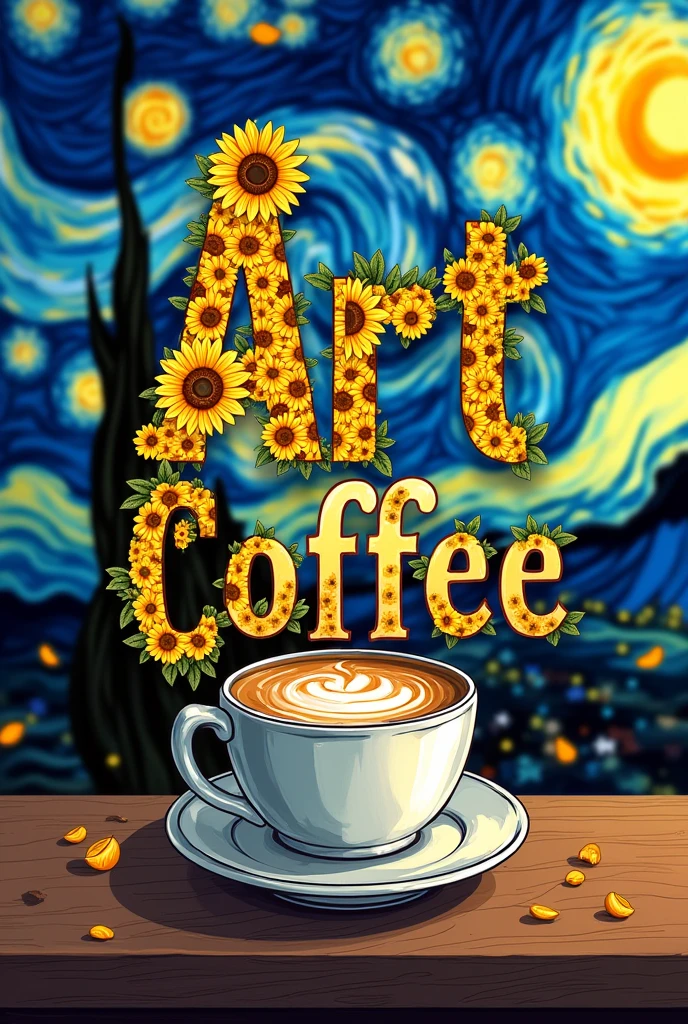 I want a logo for a cafe and the theme I want is about Van Gogh's Starry Night , The name of the cafeteria will be "ART COFFEE" and that the letters have a filling of sunflowers, a cup of coffee in the background