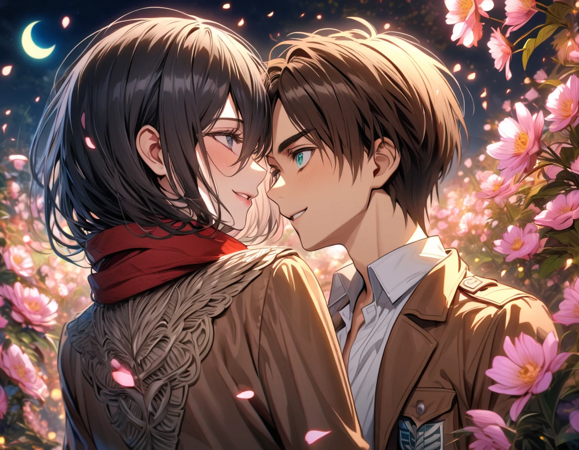 Ultra detailed, highres, absurdres, HDR, Eren Jeager, brown hair, expressive turquoise eyes, brown jacket, white shirt, Mikasa Ackerman, black hair, expressive gray eyes, brown jacket, white shirt, red scarf, Shingeki No Kyojin, pink flowers, petals, fireflies, moon, a beautiful woman together with a handsome man, couple, handsome, beautiful, in love, smiling