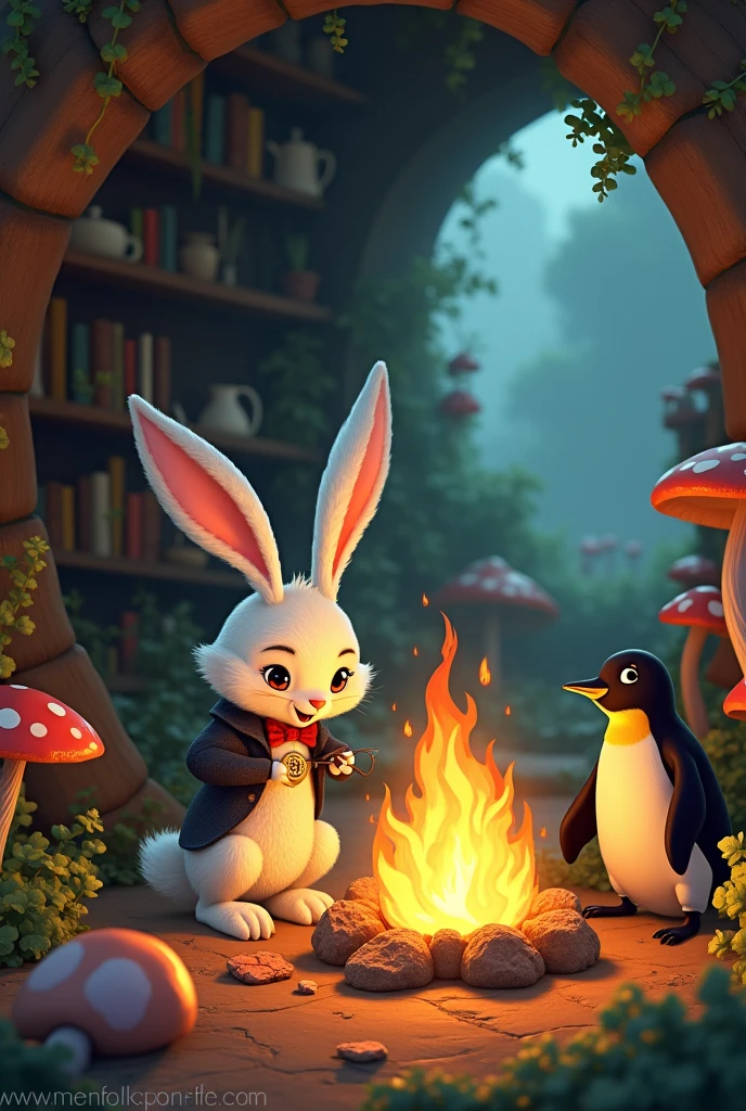 The white rabbit makes a fire in his for the little penguin ai image