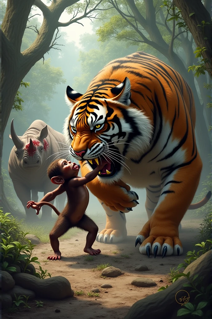 Tiger kills monkey and rihno bleeding