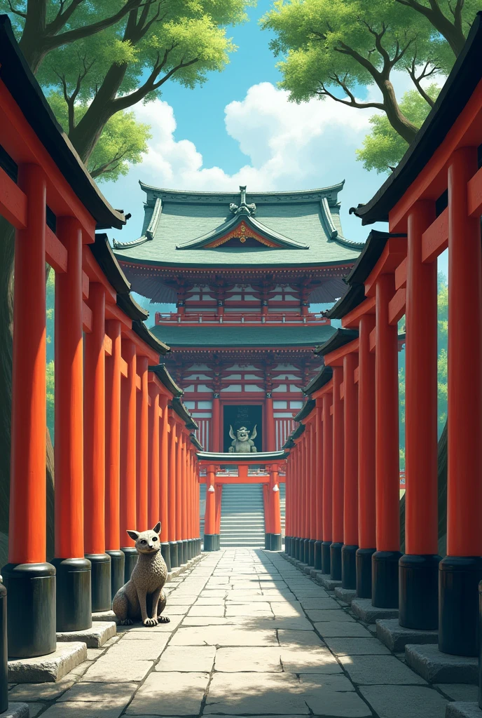 Scenery of the main hall and guardian foxes of Fushimi Inari Taisha Shrine in Kyoto