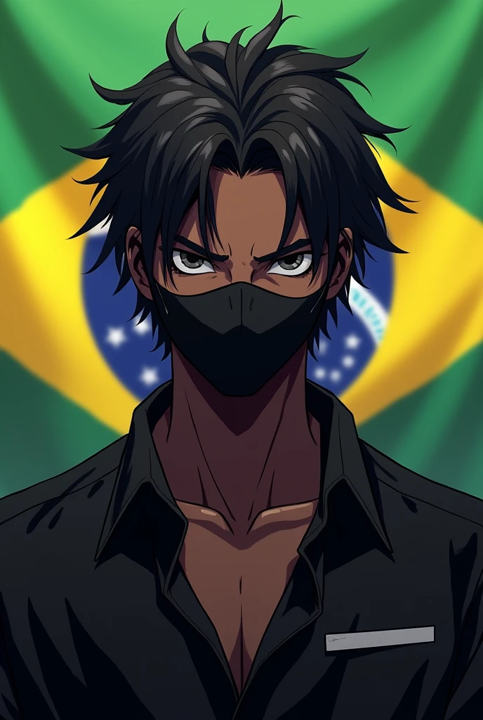 Create a dark-skinned character with a black mask on his face, black blouse with a white stripe, makes reflection in the character's hair, carioca style, and make the Brazilian flag behind the character, anime styling, make the character MAN!