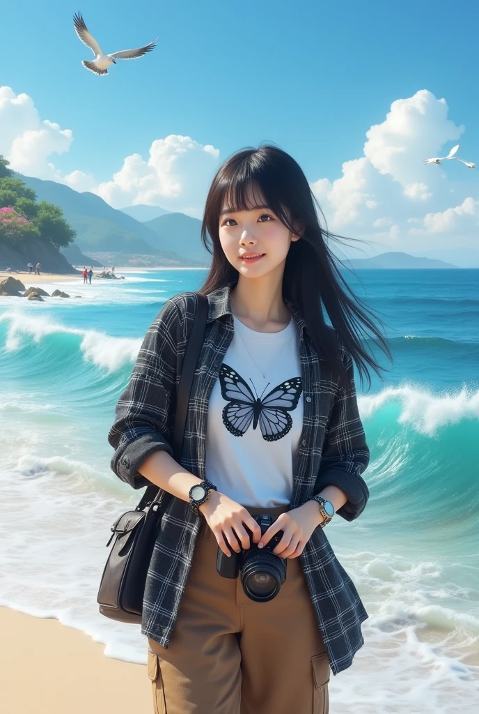 Beautiful Korean girl with smooth white skin, well-groomed face, long straight black hair with bangs, faint smile, black and white checkered shirt, white t-shirt decorated with a big butterfly) brown cargo pants, cool watch. Posing standing on the beach while carrying a camera, under a bright blue sky, big sea waves in the background, there are fishermen, seagulls flying. clear blue sky, very beautiful, mountains and waterfalls, as well as beautiful flowers, original and realistic photos
