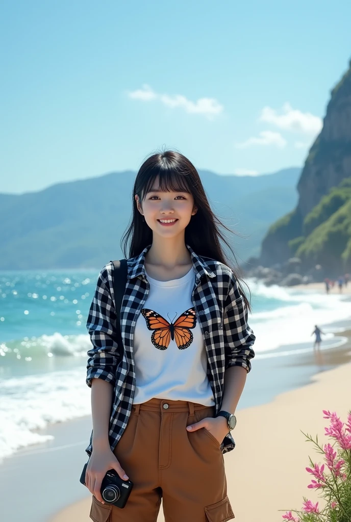 Beautiful Korean girl with smooth white skin, well-groomed face, long straight black hair with bangs, faint smile, black and white checkered shirt, white t-shirt decorated with a big butterfly) brown cargo pants, cool watch. Posing standing on the beach while carrying a camera, under a bright blue sky, big sea waves in the background, there are fishermen, seagulls flying. clear blue sky, very beautiful, mountains and waterfalls, as well as beautiful flowers, original and realistic photos