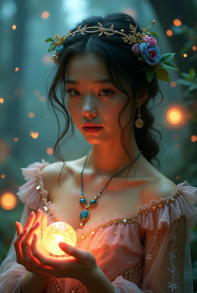 (((A beautiful magical American woman))) Create a spellbinding image of a beautiful young woman in a fantasy realm, radiating an aura of enchantment. Utilize HDR lighting to enhance the mystical atmosphere, with soft and ethereal light casting gentle glows on her features. Her attire and accessories should incorporate fantasy vivid colors, infusing the scene with vibrant and otherworldly hues. Choose a cinematic lens type to capture the wonder and magic in her eyes as she interacts with arcane elements. The UHD resolution allows for hyper-detailed rendering of her costume's intricate textures and the sparkle of her magical charms.