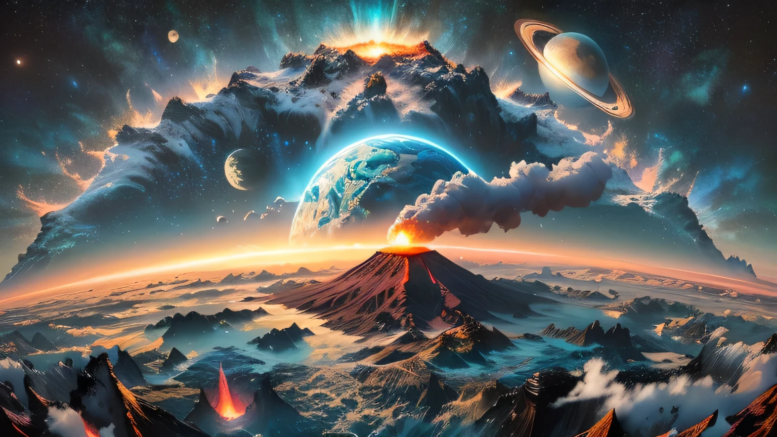 Aerial view of a volcano with a planet in the background, highly detailed digital art in 4k, alien world, epic fantasy science fiction illustration, planet landscape, planetary landscape, exploding planet in background, landscape of an alien world, Very detailed 4k hd wallpaper, fantasy planet, surreal space, Stunning 8k art, magnificent background, amazing wallpaper
