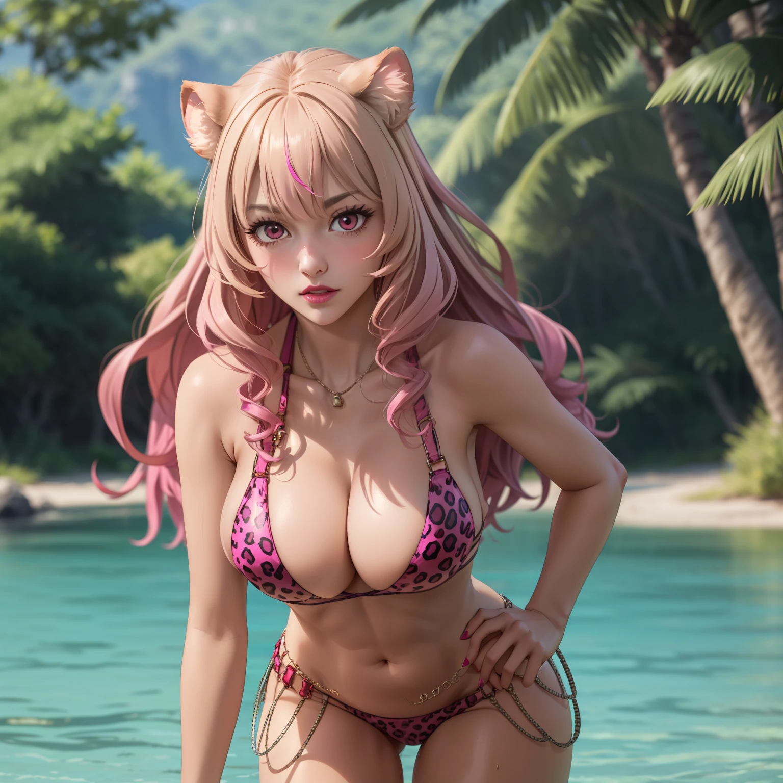 Raphtalia, Woman 2,straight blonde hair with pink tips , Red eyes , Dark skin, tanned skin. king, embarrassed, ashamed, shy, Painted lips, bear ears, pink bikini with jaguar design, background a lake in the middle of a jungle, big breasts. smooth fur