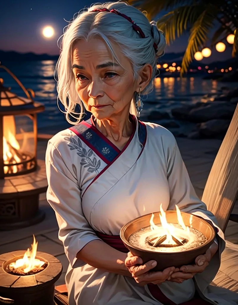 An elderly woman with gray hair tied up, a calm expression, and dressed in traditional Buddhist attire appears in the foreground. In the background, there is a peaceful nighttime beach scene with palm trees under a bright full moon. The setting includes a hanging swing decorated with warm fairy lights and tropical plants. Cozy seating is arranged around a small fire pit, with palm trees framing the scene, all set against the backdrop of a serene ocean