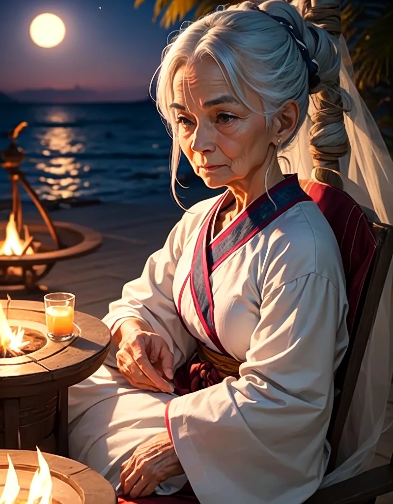 An elderly woman with gray hair tied up, a calm expression, and dressed in traditional Buddhist attire appears in the foreground. In the background, there is a peaceful nighttime beach scene with palm trees under a bright full moon. The setting includes a hanging swing decorated with warm fairy lights and tropical plants. Cozy seating is arranged around a small fire pit, with palm trees framing the scene, all set against the backdrop of a serene ocean