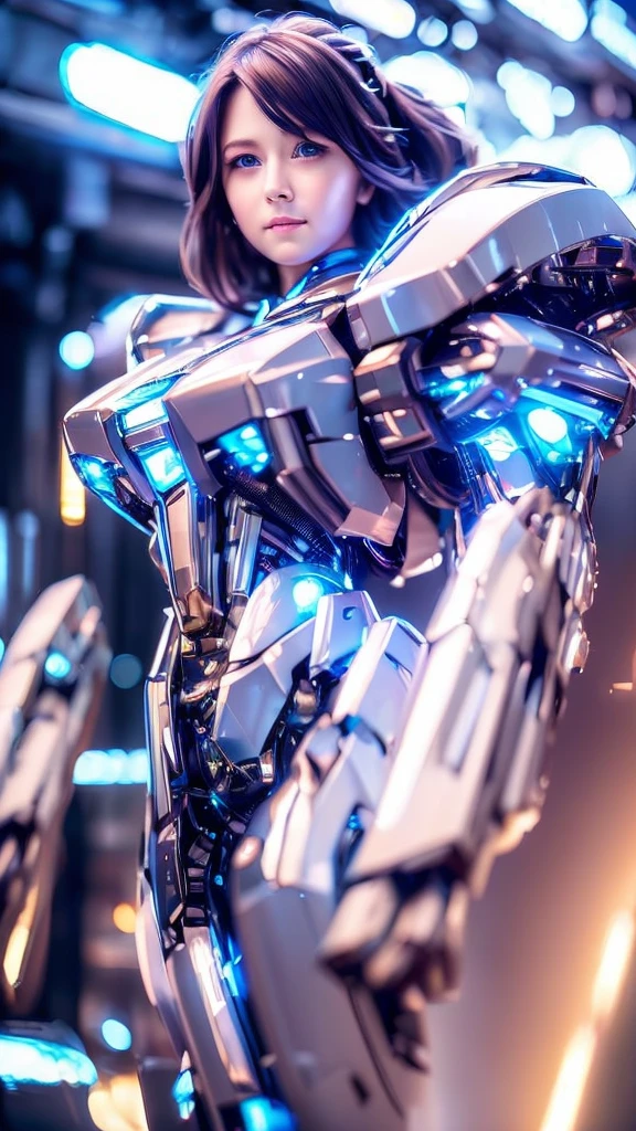Wide-angle shot, 1 female, Mecha, Sparkling Blue Eyes, Very cute face, (Realistic:1.37), バイオMechaニカル, Spaceship interior bokeh background, Ultra-realistic, Very detailed, Very intricate details, Beautiful woman in focus