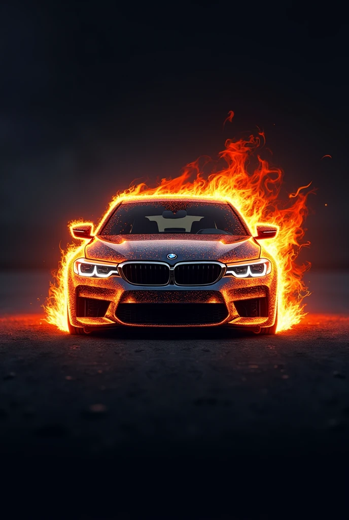 Create a creative and modern logo for an auto part with the name VANZZUITA, in graphite color and with the 320i car on fire