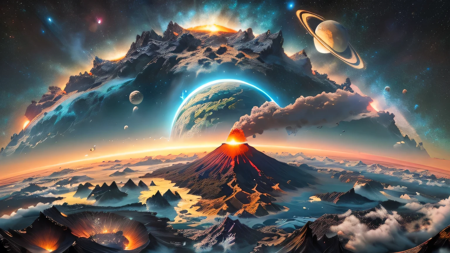 an aerial view of a volcano with a planet in the background, highly detailed digital art in 4k, alien world, epic fantasy science fiction illustration, planet landscape, planetary landscape, exploding planet in background, landscape of an alien world, Very detailed 4k hd wallpaper, fantasy planet, surreal space, Stunning 8k art, magnificent background, amazing wallpaper
