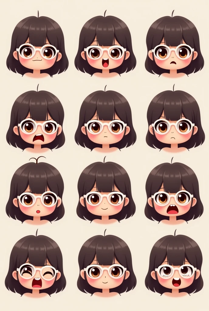 Several cute doll faces for emote on twitch with different expressions separated from each other. Wearing round white prescription glasses, long dark brown hair with no bangs at all, brown eyes and chubby cheeks. Image with cartoon appearance