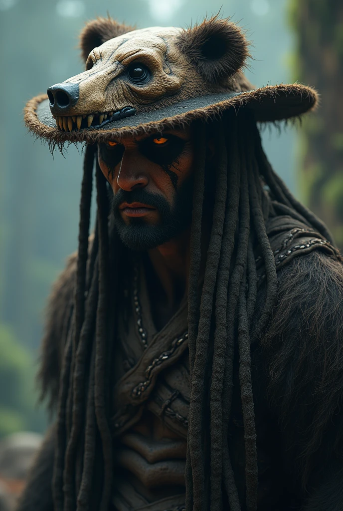 An entity from hell with a humanoid face in face 3 pose/4, This entity has dreadlocks and a hat made from a bear's head.