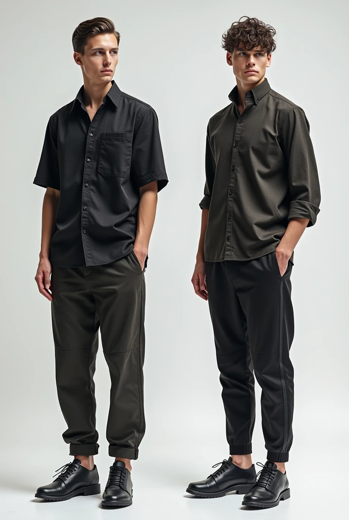 "Create a stylish and modern men's outfit consisting of a unique shirt and pants combination. The shirt should be made from a hybrid blend of linen, cotton, and spandex, providing a slightly textured feel. It should feature a dual-tone design with a primary base color like slate gray or navy blue, and a contrasting inner lining in deep red or royal blue that is visible when the sleeves are rolled up. The shirt should have a relaxed fit, with an asymmetrical collar where one side is slightly longer. The cuffs should include a roll-tab mechanism with an integrated button and strap to secure rolled-up sleeves. The front of the shirt should have a concealed placket with magnetic closures for a sleek, modern look. A diagonal stitched seam should run from the shoulder to the opposite hip, adding a dynamic visual element.The pants should be crafted from a high-performance fabric blend of cotton, nylon, and elastane, ensuring comfort and durability. They should feature a two-tone design, with a classic color like charcoal on the front panel and a muted contrasting color like olive green on the back panel. The pants should have a hybrid cut, combining the slim-fit of tailored trousers with the comfort of joggers, and a tapered leg that is slightly cropped above the ankle. The waistband should be a hidden elastic band with an adjustable drawstring on the inside, eliminating the need for a belt. The pants should include innovative side-seam pockets with invisible zippers and a flush cargo-style pocket on one leg. Add laser-cut ventilation slits near the waistband and behind the knees, along with a small reflective strip along the side seam for a subtle, tech-inspired aesthetic. The overall outfit should feel modern, functional, and fashionable, suitable for a trendsetting individual who values both style and comfort."