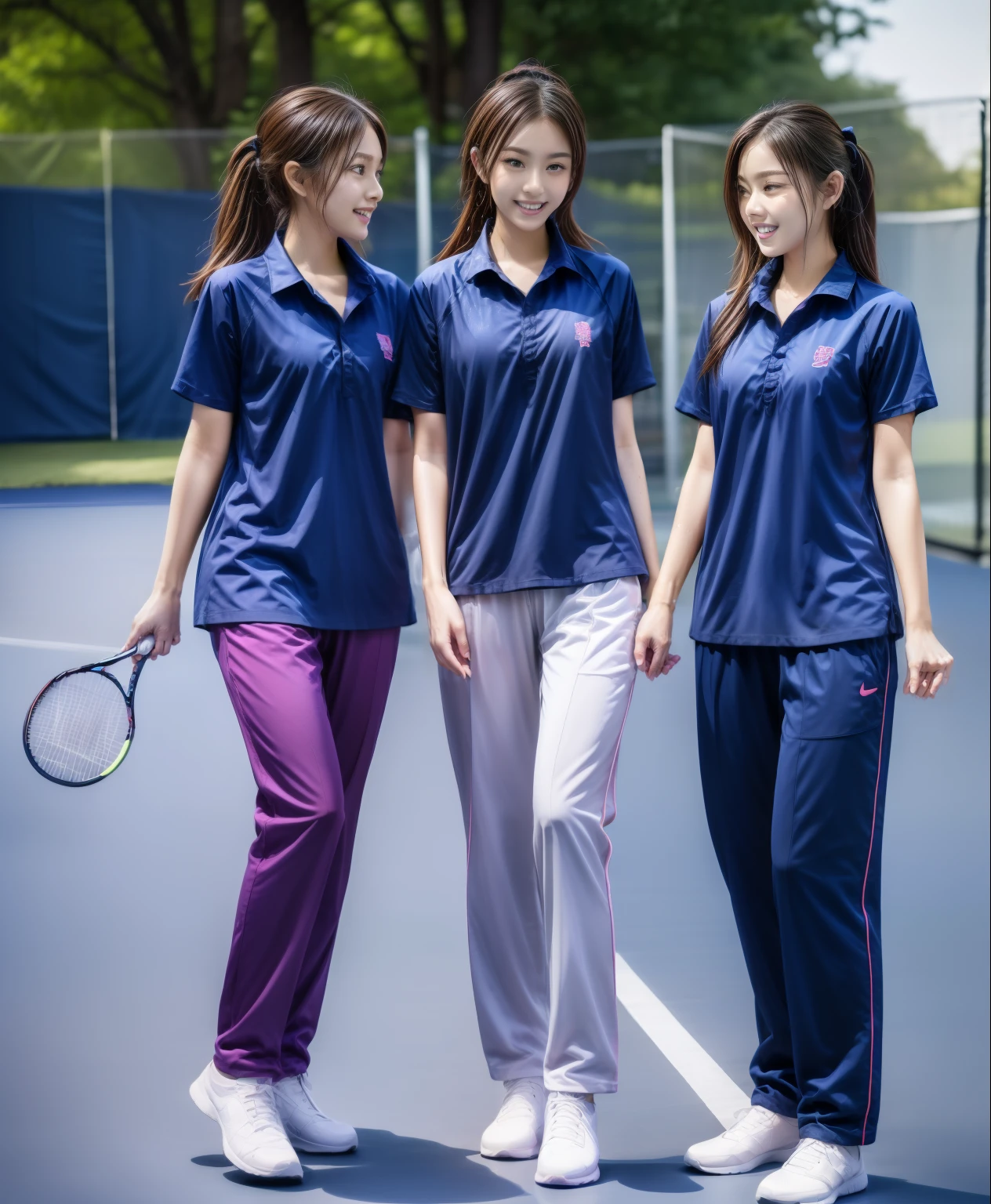 3 girls play tennis at tennis courts, Navy blue short-sleeved shirt,Navy Long Trackpant,Sweatpants, Sweatpantsขายาว,2 girl, lesbian, sexy, exercise clothes, wet body, exercise clothes