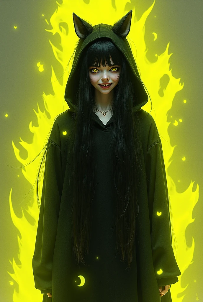 Androgynous girl with very long black hair, golden colored eyes, very manic smile, White skin. He emanates a fluorescent yellow power around his body and wears black clothing with a hoodie with cat ears..