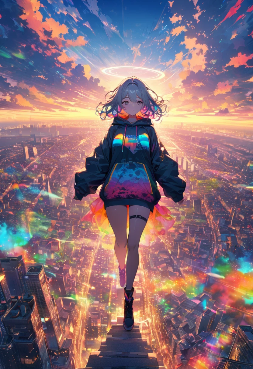 angelic, detailed woman who is walking, woman wearing hoodie, highest billding in city, road, sunrise, horizon, skyline, in the sky, city of clouds, colorful, high-res, 8K