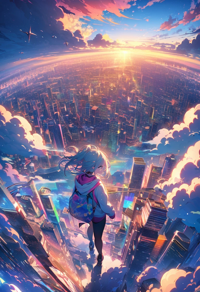 angelic, detailed woman who is walking, woman wearing hoodie, highest billding in city, road, sunrise, horizon, skyline, in the sky, city of clouds, colorful, high-res, 8K
