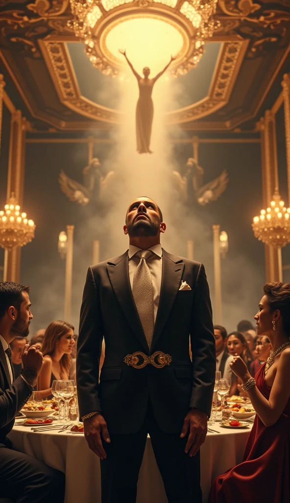 Millionaire man at a millionaire dinner in elegant suit and jewelry scared looking up at God descending from heaven