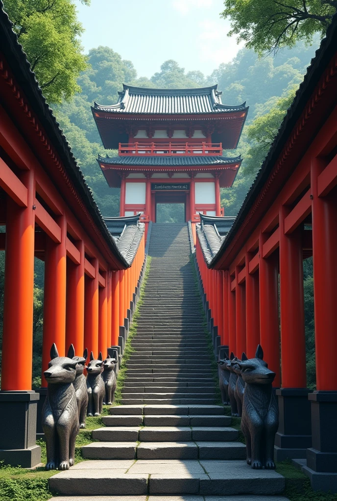 A realistic view of the main hall and guardian foxes of Fushimi Inari Taisha Shrine in Kyoto