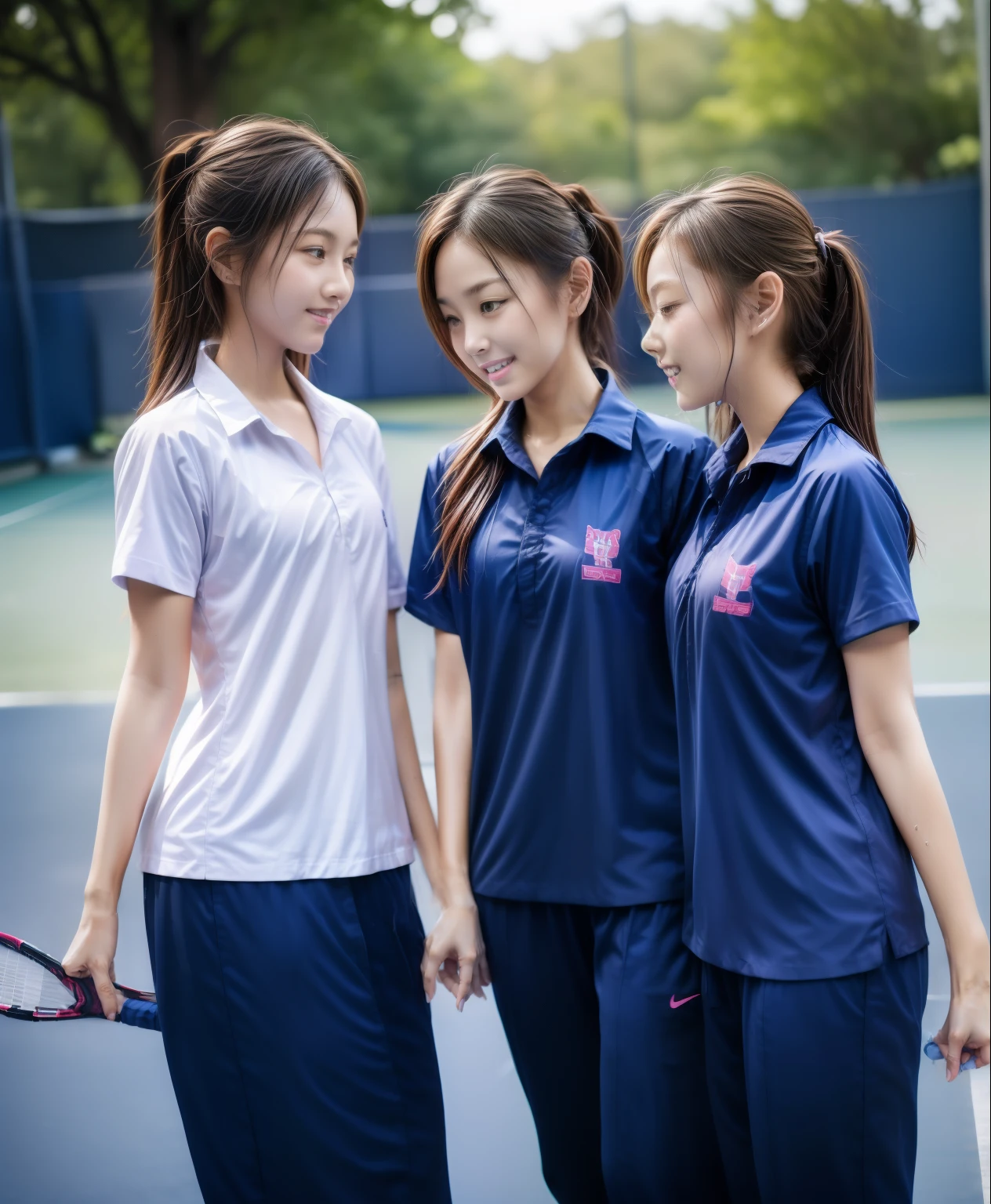 3 girls play tennis at tennis courts, Navy blue short-sleeved shirt,Navy Long Trackpant,Sweatpants, Sweatpantsขายาว,2 girl, lesbian, sexy, exercise clothes, wet body, exercise clothes