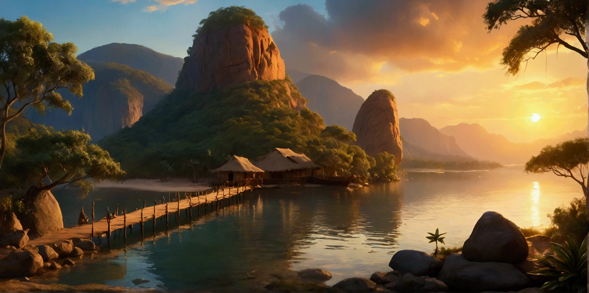 Disney style African wilderness scene, beautiful sunrise over a calm lake, very small African hut on one side of the scene, dramatic cinematic lighting, majestic rock formations, no animals or evil, breathtaking view, high detail, complete study of African languages (best quality, 4k, 8k, high resolution, masterpiece: 1.2), high detail, (realistic, realistic, photorealistic: 1.37), dramatic lighting, cinematic composition Pixar style close to animation, land area larger than the lake Trees and rocks Attention to precise theatrical perspective according to the studies of theatrical perspective Academy of Arts Dr. Louise Malika, high quality on the scale of theatrical design Clear details Greek character dominates the scene, animation style African tribe