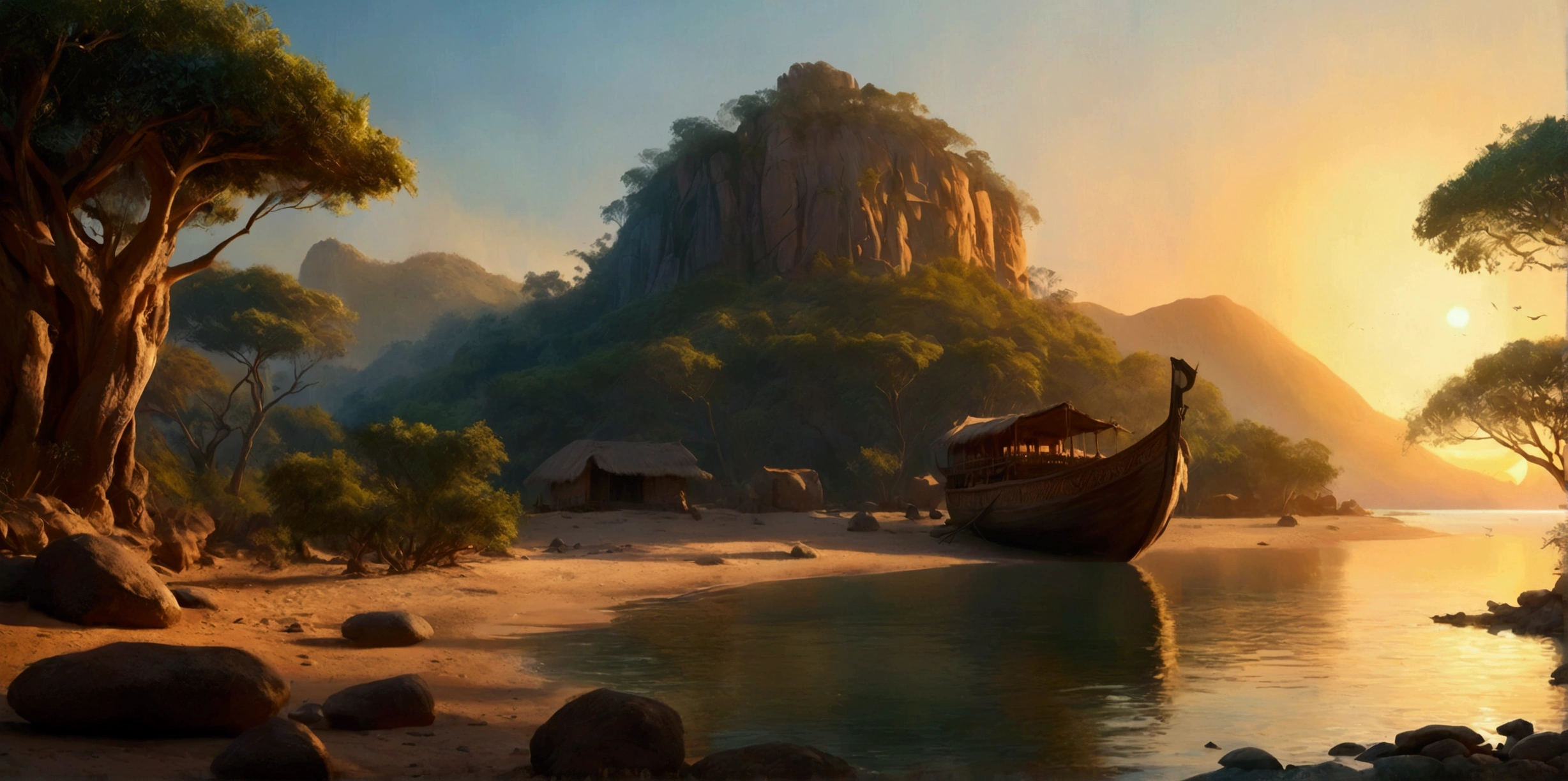 Disney style African wilderness scene, beautiful sunrise over a calm lake, very small African hut on one side of the scene, dramatic cinematic lighting, majestic rock formations, no animals or evil, breathtaking view, high detail, complete study of African languages (best quality, 4k, 8k, high resolution, masterpiece: 1.2), high detail, (realistic, realistic, photorealistic: 1.37), dramatic lighting, cinematic composition Pixar style close to animation, land area larger than the lake Trees and rocks Attention to precise theatrical perspective according to the studies of theatrical perspective Academy of Arts Dr. Louise Malika, high quality on the scale of theatrical design Clear details Greek character dominates the scene, animation style African tribe