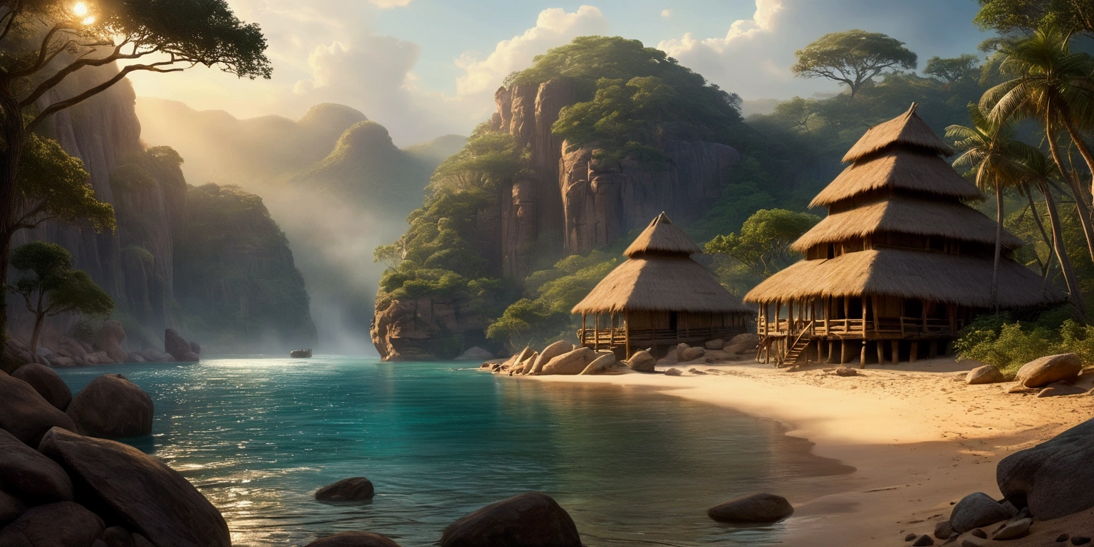 Disney style African wilderness scene, beautiful sunrise over a calm lake, very small African hut on one side of the scene, dramatic cinematic lighting, majestic rock formations, no animals or evil, breathtaking view, high detail, complete study of African languages ​​(best quality, 4k, 8k, high resolution, masterpiece: 1.2), high detail, (realistic, realistic, photorealistic: 1.37), dramatic lighting, cinematic composition Pixar style close to animation, land area larger than the lake Trees and rocks Attention to precise theatrical perspective according to the studies of theatrical perspective Academy of Arts Dr. Louise Malika, high quality on the scale of theatrical design Clear details Greek character dominates the scene, animation style African tribe