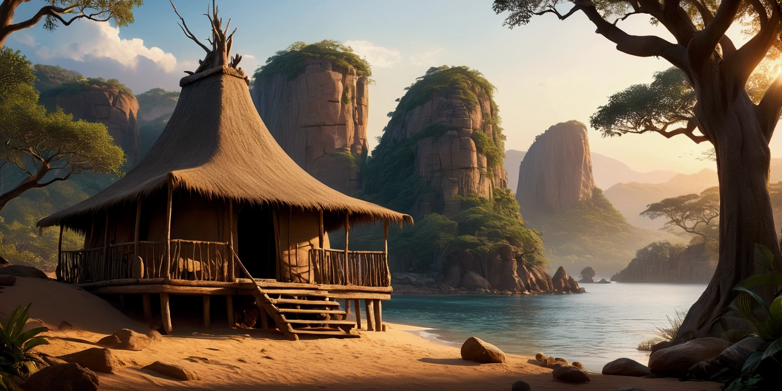 Disney style African wilderness scene, beautiful sunrise over a calm lake, very small African hut on one side of the scene, dramatic cinematic lighting, majestic rock formations, no animals or evil, breathtaking view, high detail, complete study of African languages (best quality, 4k, 8k, high resolution, masterpiece: 1.2), high detail, (realistic, realistic, photorealistic: 1.37), dramatic lighting, cinematic composition Pixar style close to animation, land area larger than the lake Trees and rocks Attention to precise theatrical perspective according to the studies of theatrical perspective Academy of Arts Dr. Louise Malika, high quality on the scale of theatrical design Clear details Greek character dominates the scene, animation style African tribe