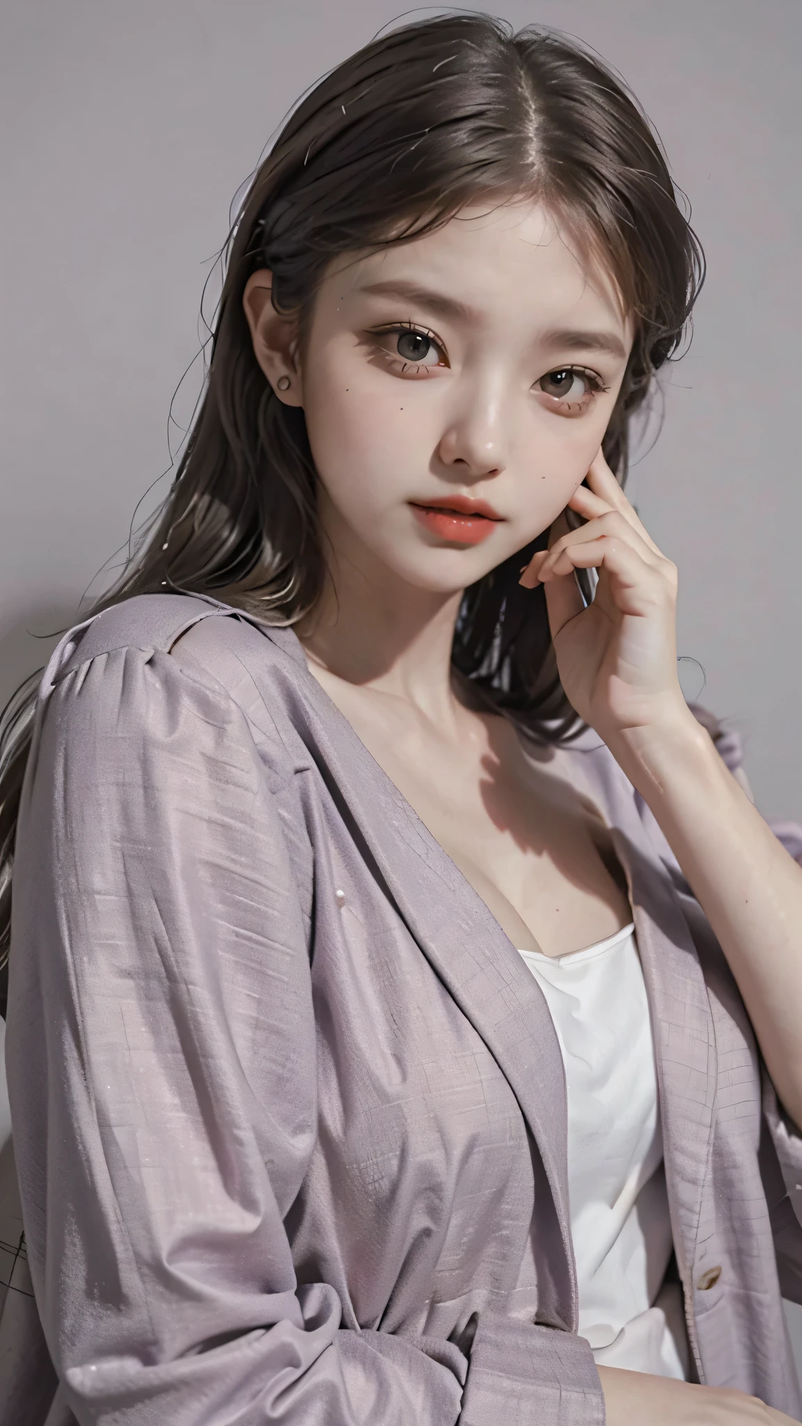 Girl wearing, luxury lavender coat, shoulder length hair, wavy hair, glowing skin, star in eye, red lips, grey background, cute poses