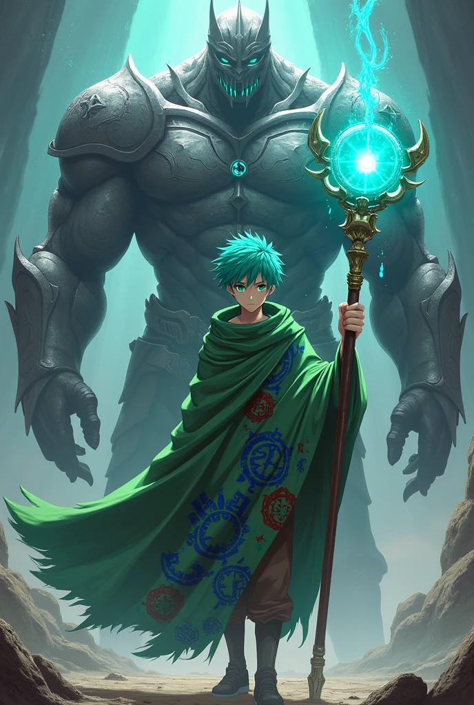 An anime-style man with green eyes and blue-green hair wearing a green blanket with blue and red symbols carrying a staff with a very bright blue-green sphere that next to it there is a terrifying silver armor with a giant double man of obsidian 