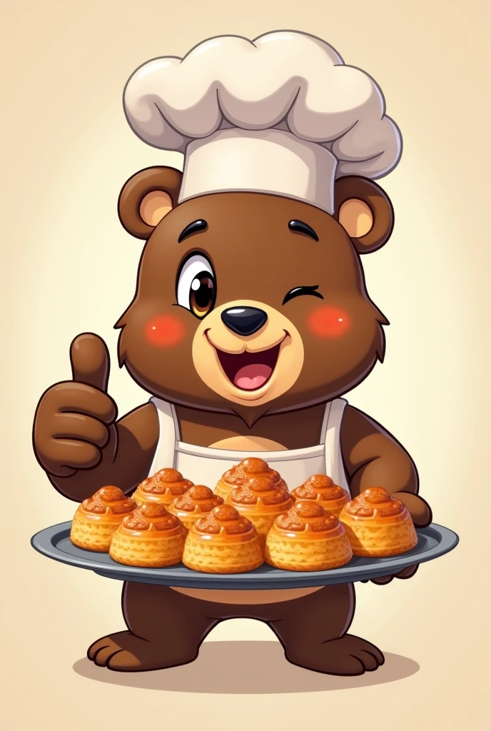 Animated chef bear with thumbs up, Closing one eye in front of a tray of conical arequipe canoles