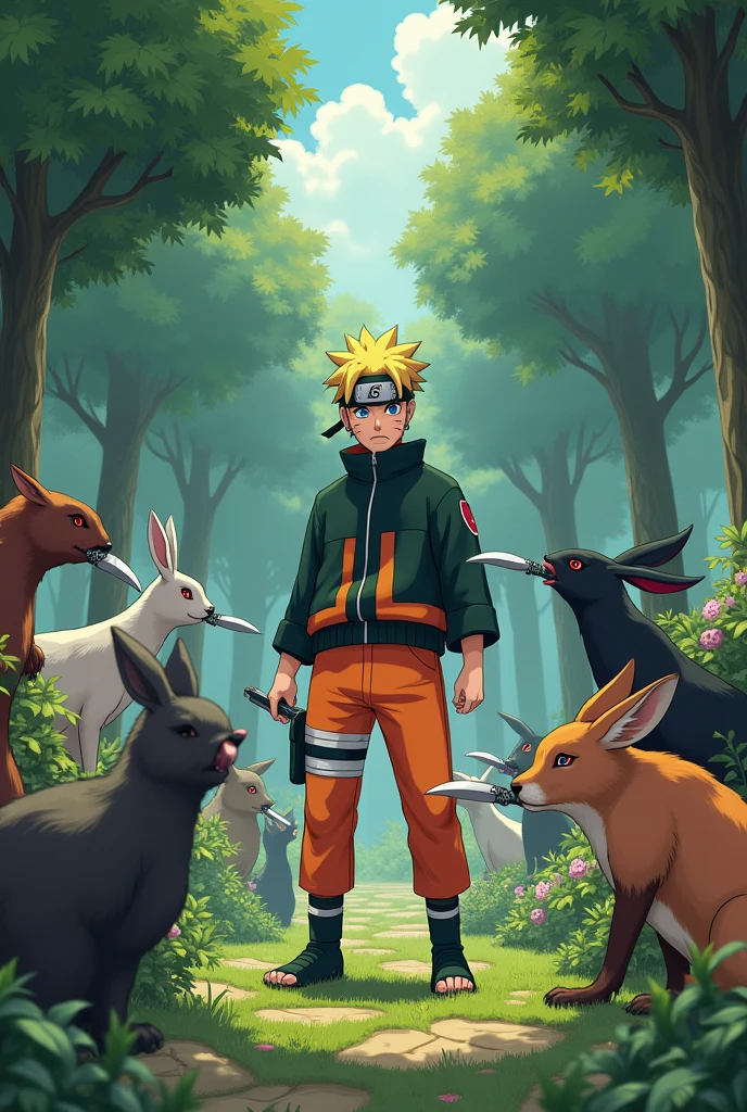 Naruto with the sharingan and in sage mode in a forest with a beautiful garden full of animals with knives in their mouths surrounding him to kill him