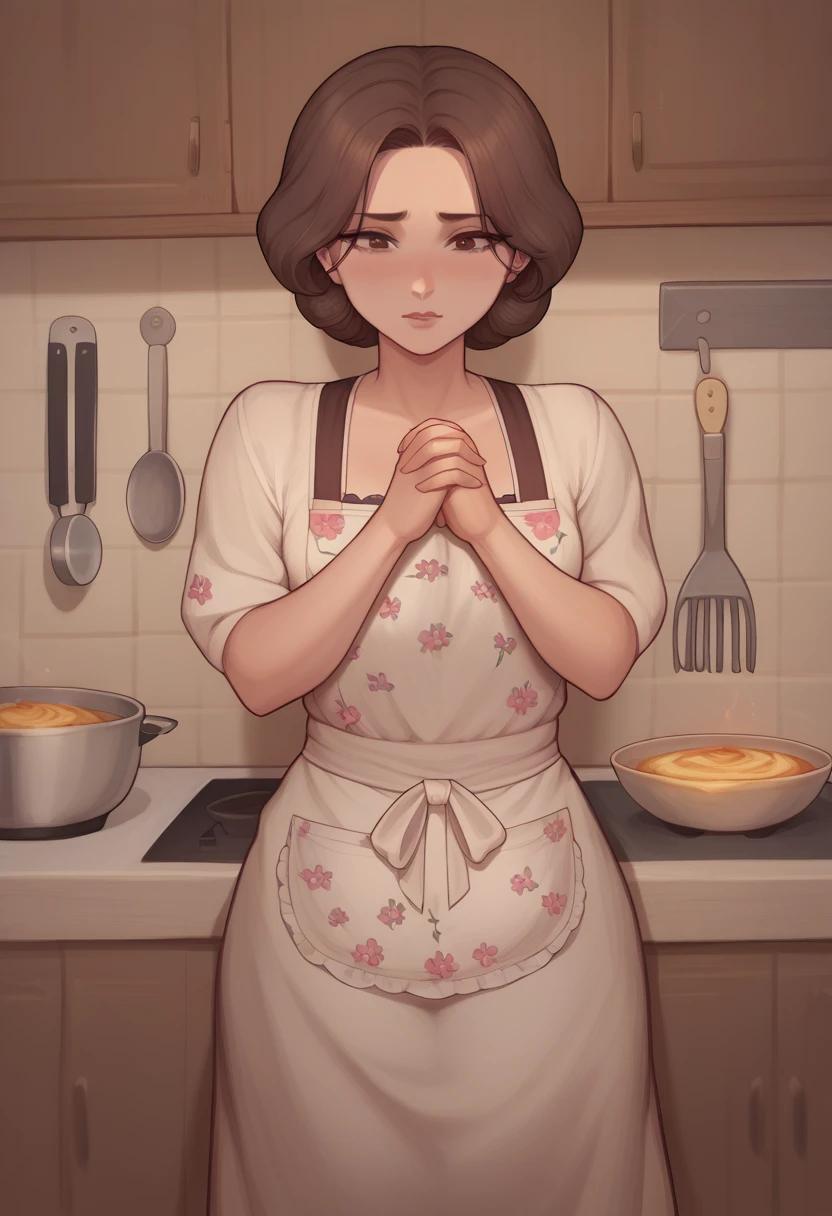 "A middle-aged woman with medium-length, slightly wavy dark brown hair, wearing a simple yet elegant floral-patterned apron over a modest dress, is standing in a cozy, warmly lit kitchen. She has a gentle and caring expression as she looks directly at the camera, her posture relaxed but attentive. Her hands are lightly clasped in front of her, and there is a sense of warmth and comfort in her demeanor. The kitchen around her is neatly organized, with wooden cabinets, a stove, and various cooking utensils visible in the background, emphasizing her role as a nurturing and dedicated housewife." visual novel character
