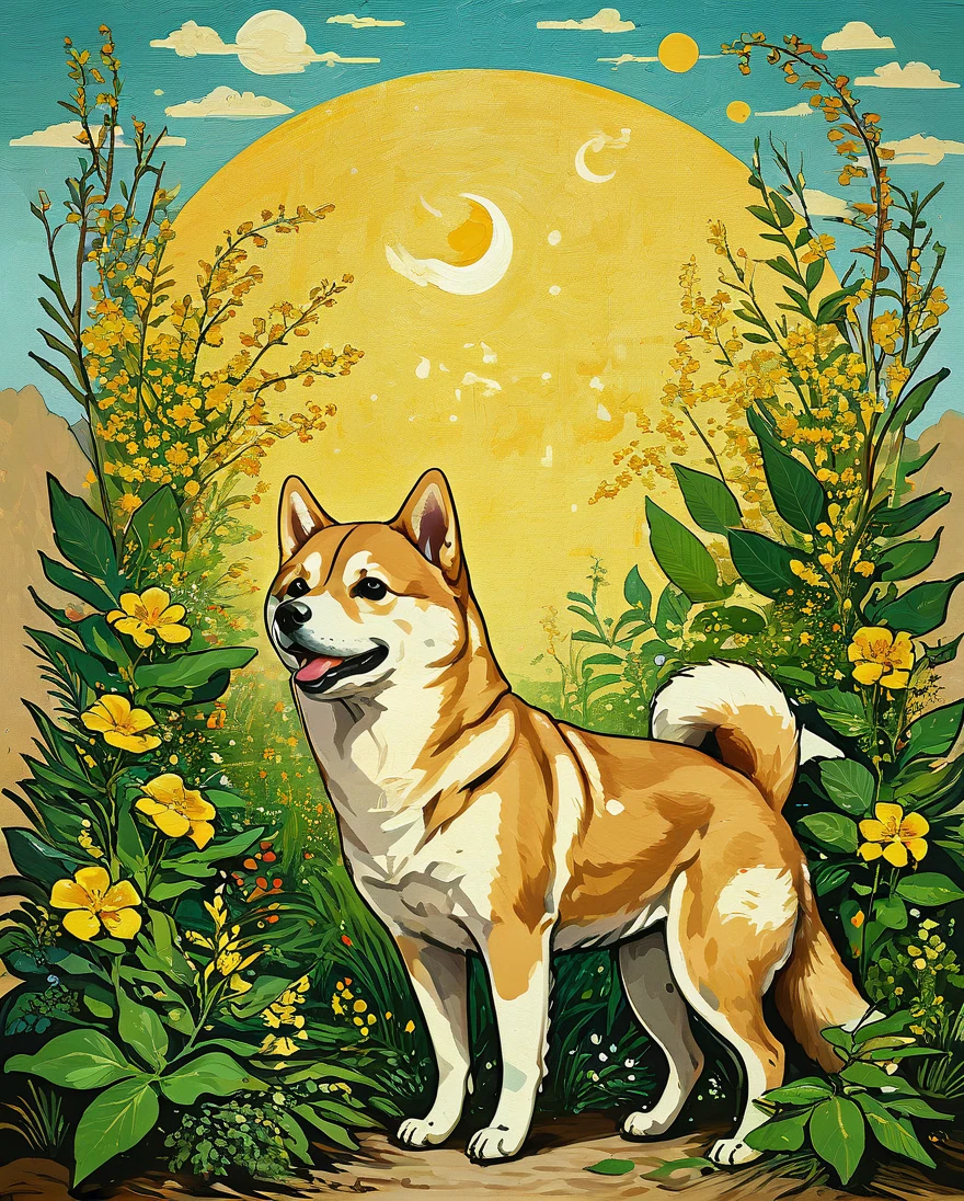 score_9, score_8_up, score_7_up, score_6_up, score_5_up, score_4_up,Heavy oil painting,,Shiba Inu,Algerian flora,