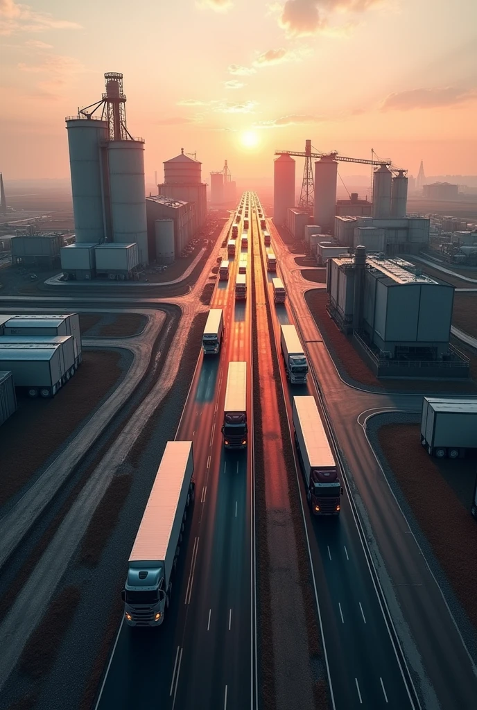 Create a drone shot of an industrial farm, showing large buildings with warehouses and silos. Side-by-side trucks driving along a black and red path, with a rising sky in the background. The scene should clearly convey the scale and efficiency of a modern farming operation.