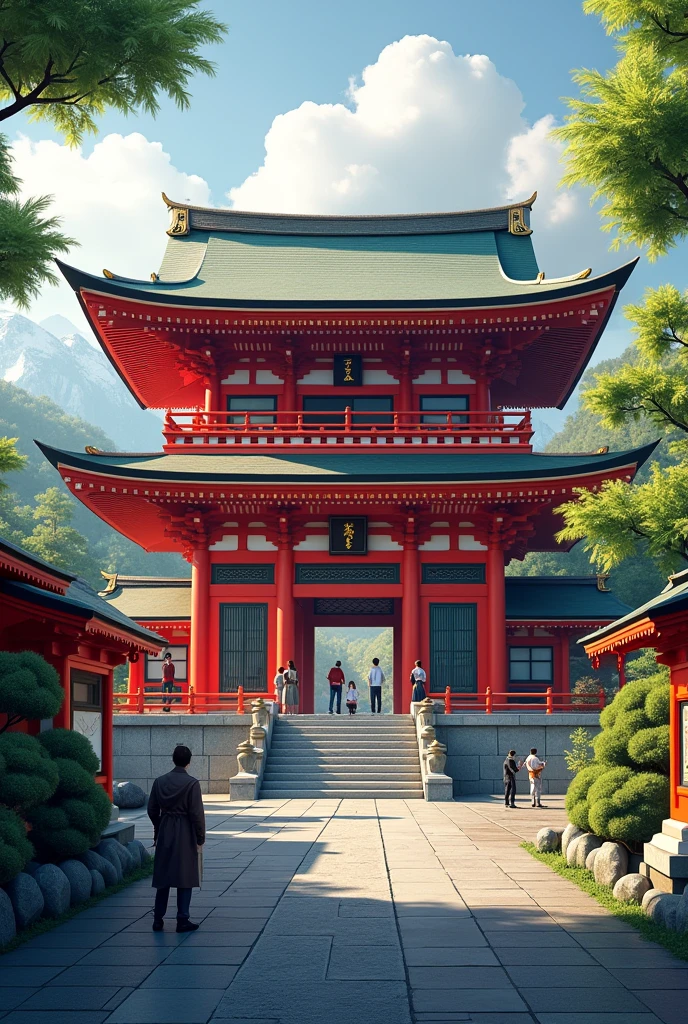 A realistic view of the main hall of Fushimi Inari Taisha Shrine in Kyoto and its guardian foxes. A realistic view of the main hall of Fushimi Inari Taisha Shrine in Kyoto.。The majestic building、Elaborately decorated in red and white、Curved eaves and gold decorations、Features elements of traditional Japanese architecture。The temple is at the top of the stone steps々The main hall stands、Lush tree々It is surrounded by small shrine buildings.。The bright red color of the main hall、Beautifully in harmony with the surrounding nature。The soft sunlight illuminates the area.、Casting a gentle shadow。Several worshippers are offering prayers、It adds a reverent atmosphere to the scene.