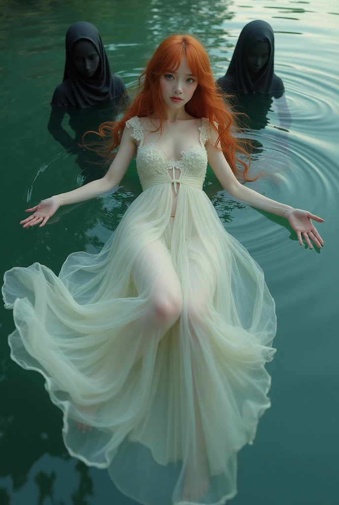 pale skin girl, green eyes and copper red hair in the water dressed in a long white floral dress with a slit on the leg, with two black souls behind her, and with hands stained black