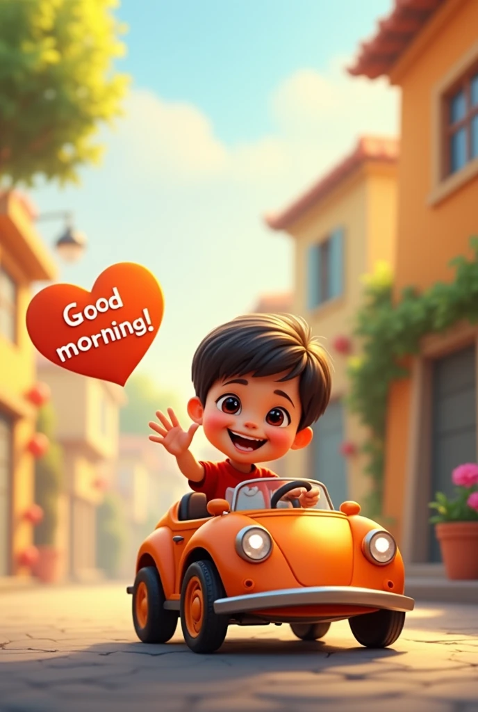 Little shankar ridding car say good morning  text in heart 
