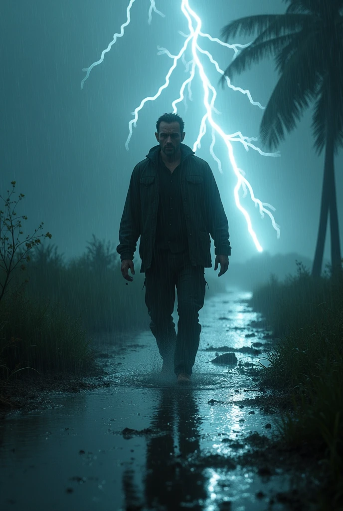The image of a man walking through the rain with lightning