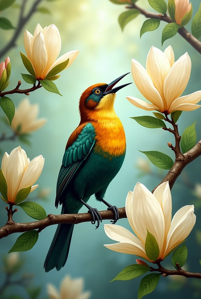 Make a painting of a clarion bird singing in a magnolia garden