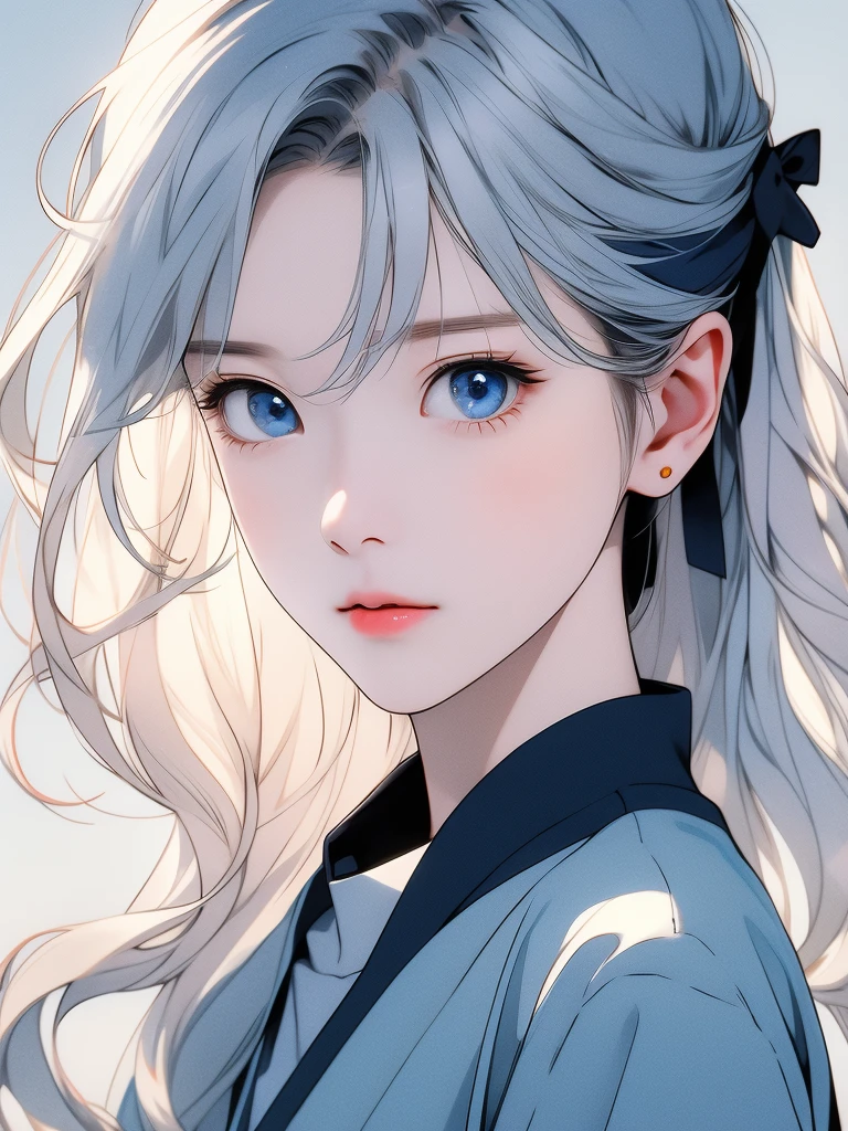 A girl with long hair,头发上系着蓝色Ribbon,The overall style is light white and sky blue,Kawaii style,muted pastels,Ethereal Portraiture, Long blond hair,Long wavy hair,Bow,Headband,Blue Eyes,白色Bow,dress,Ribbon,Add some details,Make the picture richer,Clear facial features,Upper body close-up,动漫Realistic style,primary color,Photography,Movie Effects,Movie Background,Movie Feel,Realistic style,High-definition quality,high quality,masterpiece,best quality,Ultra Detailed,Adding details,high resolution,Clarity Enhancement,Detail Enhancement,极high resolution,Clear facial features,Increase facial detail,Increase eye detail