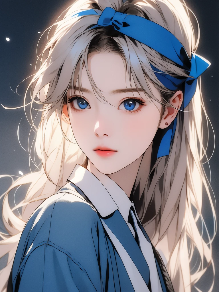 A girl with long hair，头发上系着蓝色Ribbon，The overall style is light white and sky blue，Kawaii style，muted pastels，Ethereal Portraiture， Long blond hair，Long wavy hair，Bow，Headband，Blue Eyes，白色Bow，dress，Ribbon，Add some details，Make the picture richer，Clear facial features，Upper body close-up，动漫Realistic style，primary color，Photography，Movie Effects，Movie Background，Movie Feel，Realistic style，High-definition quality，high quality，masterpiece，best quality，Ultra Detailed，Adding details，high resolution，Clarity Enhancement，Detail Enhancement，极high resolution，Clear facial features，Increase facial detail，Increase eye detail