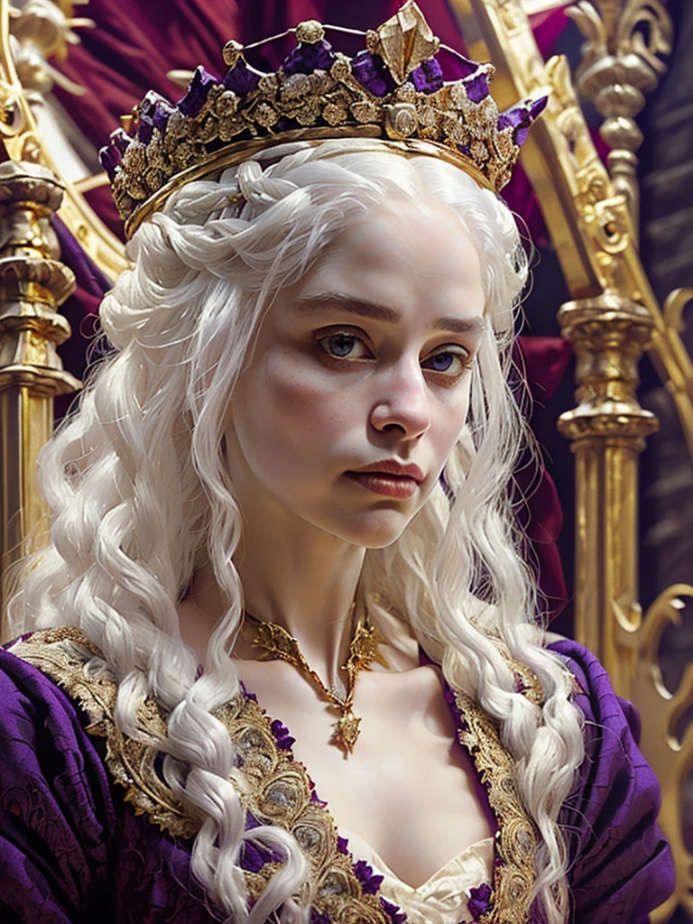 Beautiful albino woman with detailed medieval hairstyle (silky hair)(updo) (white hair,wearing detailed medieval gown (red and black colours), with gold accessories and gold tiara, medieval queen, medieval woman,queen,game of thrones style,daenerys targaryen style, high quality, very detailed,hd quality, masterpiece ((purple eyes))