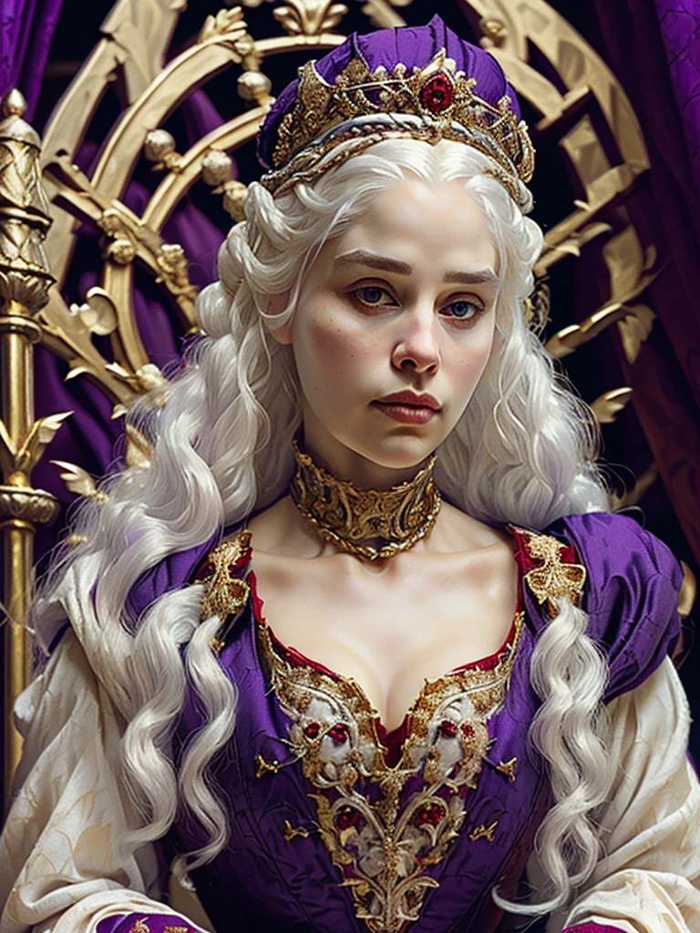 Beautiful albino woman with detailed medieval hairstyle (silky hair)(updo) (white hair,wearing detailed medieval gown (red and black colours), with gold accessories and gold tiara, medieval queen, medieval woman,queen,game of thrones style,daenerys targaryen style, high quality, very detailed,hd quality, masterpiece ((purple eyes))