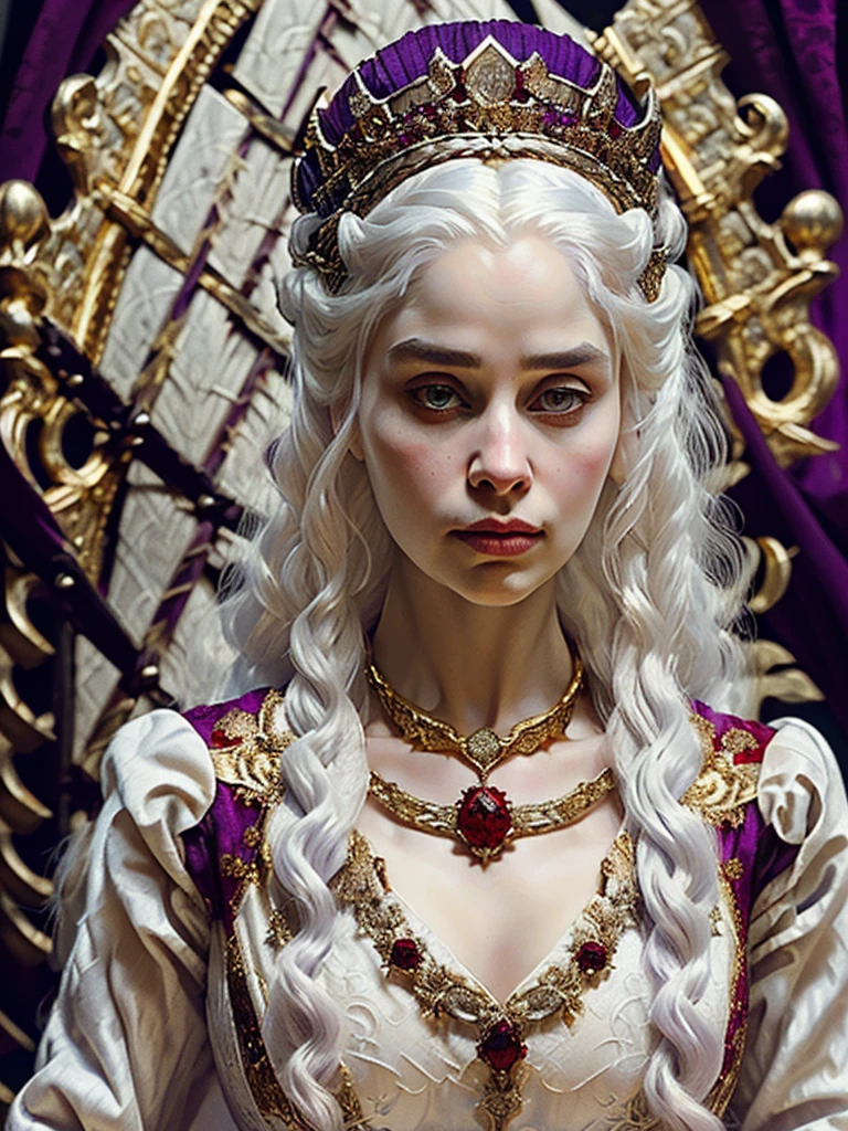 Beautiful albino woman with detailed medieval hairstyle (silky hair)(updo) (white hair,wearing detailed medieval gown (red and black colours), with gold accessories and gold tiara, medieval queen, medieval woman,queen,game of thrones style,daenerys targaryen style, high quality, very detailed,hd quality, masterpiece ((purple eyes))