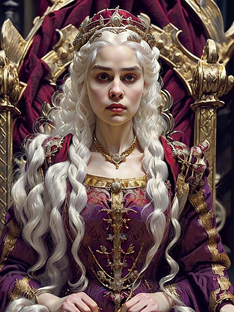 Beautiful albino woman with detailed medieval hairstyle (silky hair)(updo) (white hair,wearing detailed medieval gown (red and black colours), with gold accessories and gold tiara, medieval queen, medieval woman,queen,game of thrones style,daenerys targaryen style, high quality, very detailed,hd quality, masterpiece ((purple eyes))